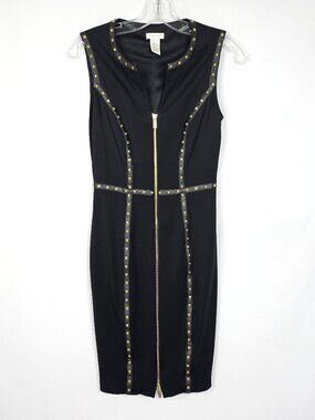 Cache Black Bodycon Dress | Gold Studded Zip Front | Size 0